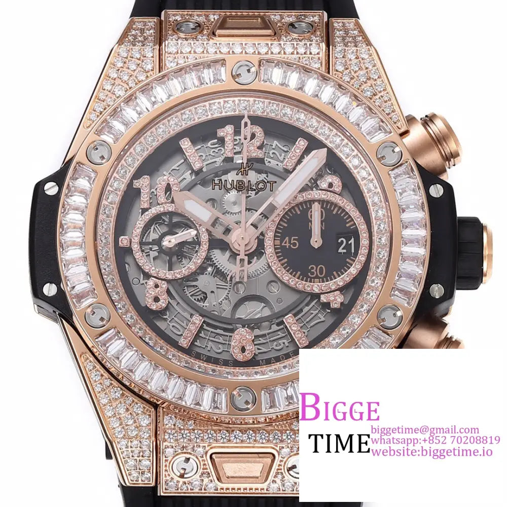 Big Bang Unico Chrono 42Mm All Diamond Bezel Rg Skeleton Dial Marker Black Rubber Strap Bbf A1280