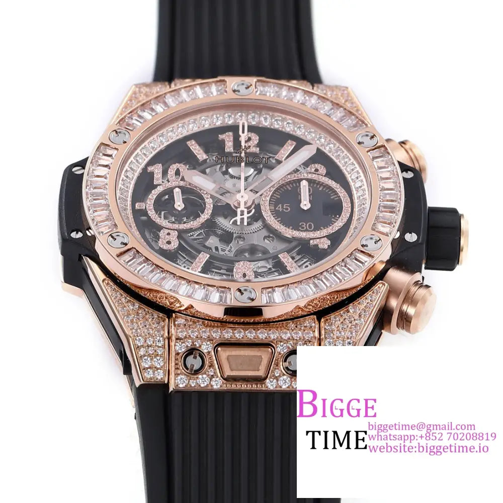 Big Bang Unico Chrono 42Mm All Diamond Bezel Rg Skeleton Dial Marker Black Rubber Strap Bbf A1280