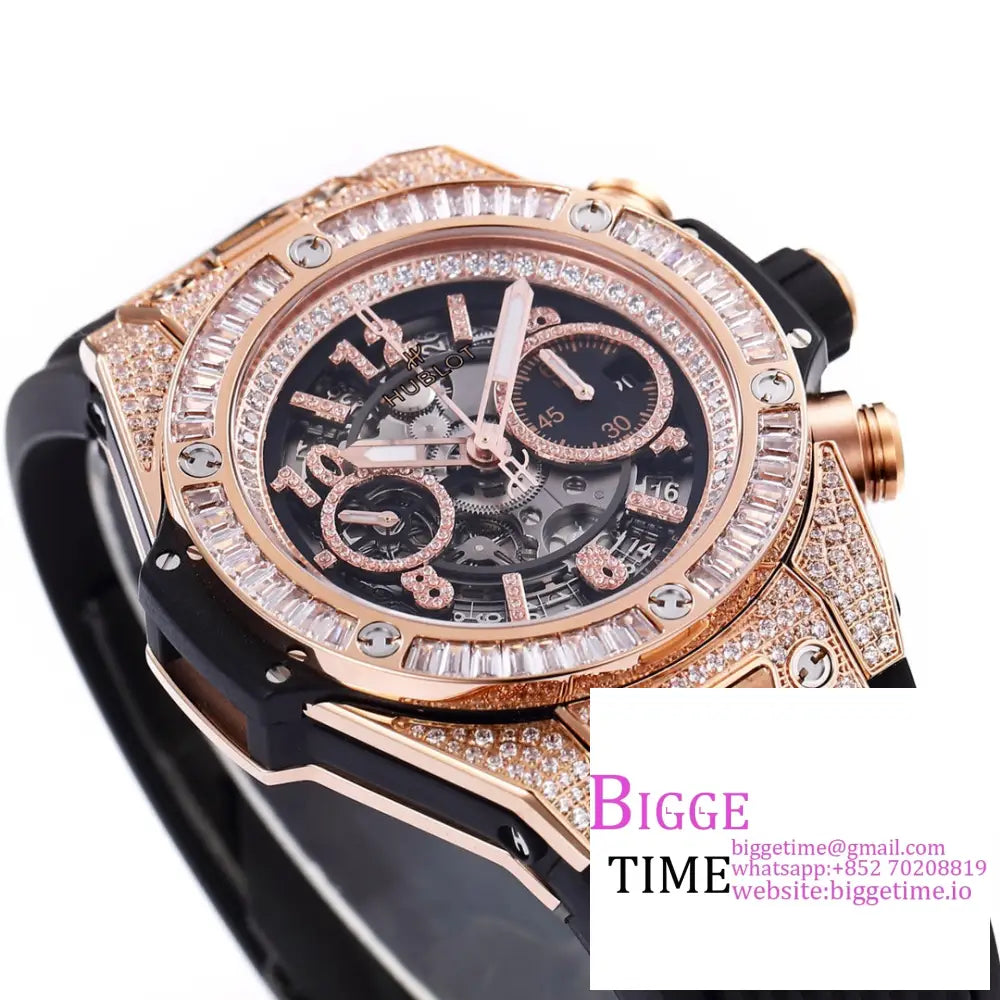 Big Bang Unico Chrono 42Mm All Diamond Bezel Rg Skeleton Dial Marker Black Rubber Strap Bbf A1280