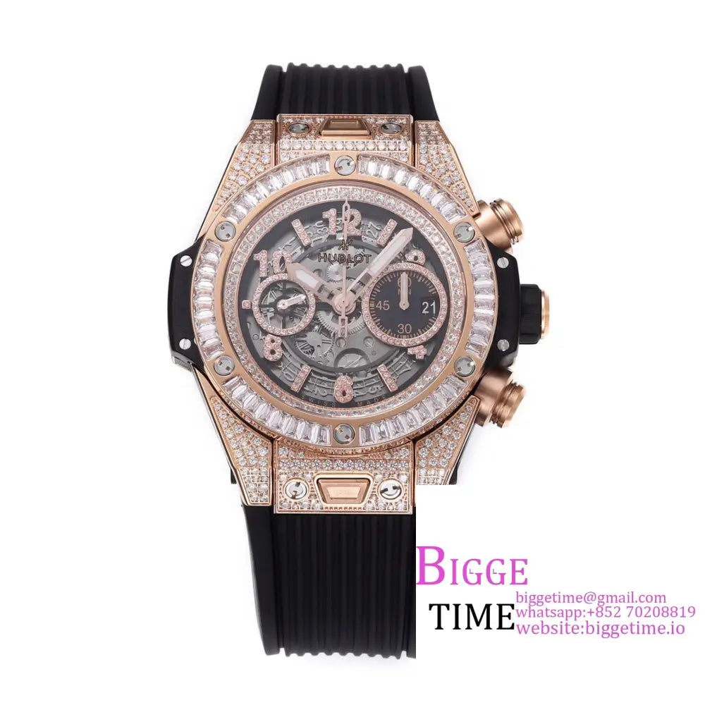 Big Bang Unico Chrono 42Mm All Diamond Bezel Rg Skeleton Dial Marker Black Rubber Strap Bbf A1280