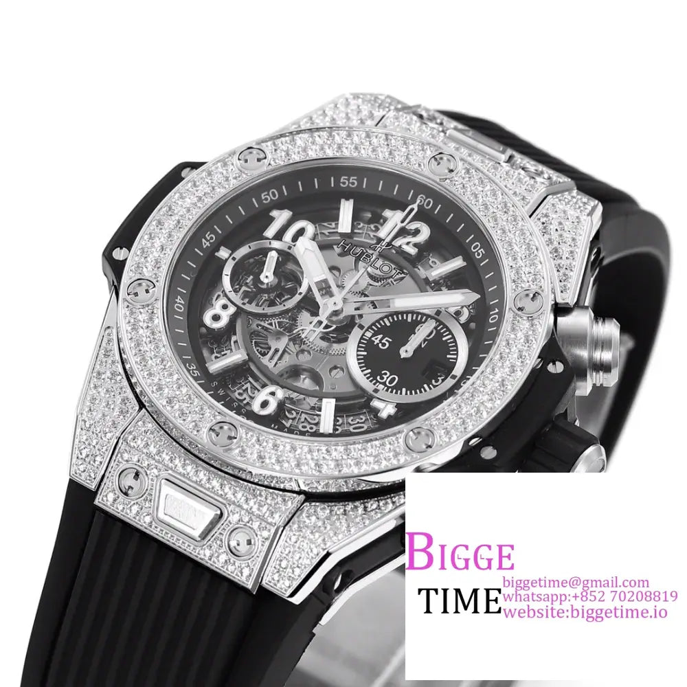 Big Bang Unico Chrono 42Mm All Diamond Bezel Skeleton Dial Black Rubber Strap Bbf A1280 Hublot