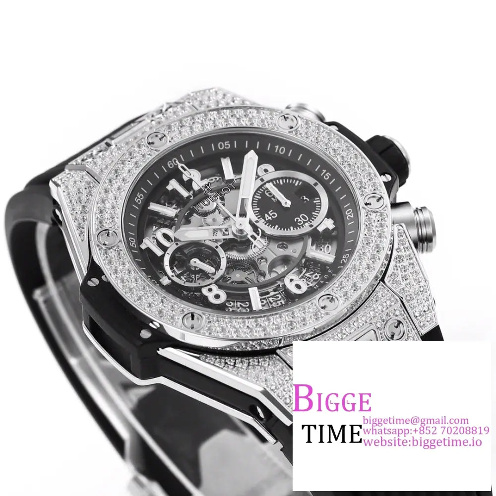 Big Bang Unico Chrono 42Mm All Diamond Bezel Skeleton Dial Black Rubber Strap Bbf A1280 Hublot