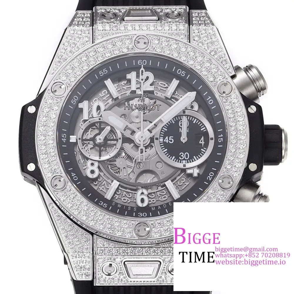 Big Bang Unico Chrono 42Mm All Diamond Bezel Skeleton Dial Black Rubber Strap Bbf A1280 Hublot