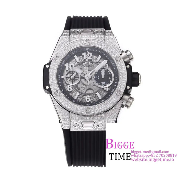 Big Bang Unico Chrono 42Mm All Diamond Bezel Skeleton Dial Black Rubber Strap Bbf A1280 Option1