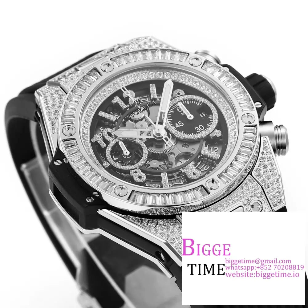 Big Bang Unico Chrono 42Mm All Diamond Bezel Skeleton Dial Marker Black Rubber Strap Bbf A1280