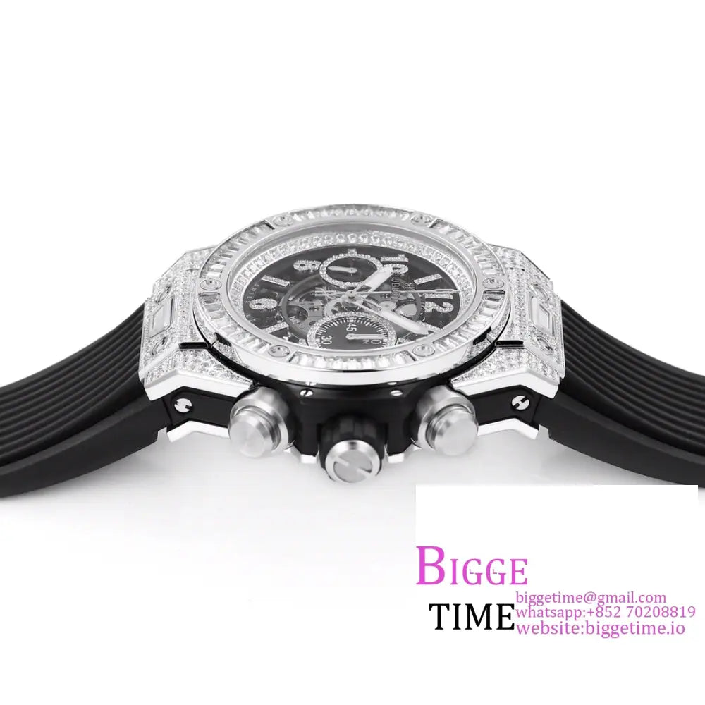 Big Bang Unico Chrono 42Mm All Diamond Bezel Skeleton Dial Marker Black Rubber Strap Bbf A1280