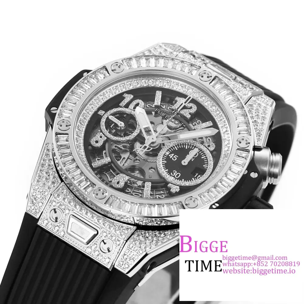 Big Bang Unico Chrono 42Mm All Diamond Bezel Skeleton Dial Marker Black Rubber Strap Bbf A1280