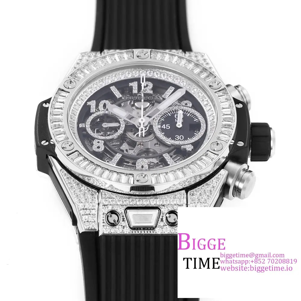 Big Bang Unico Chrono 42Mm All Diamond Bezel Skeleton Dial Marker Black Rubber Strap Bbf A1280