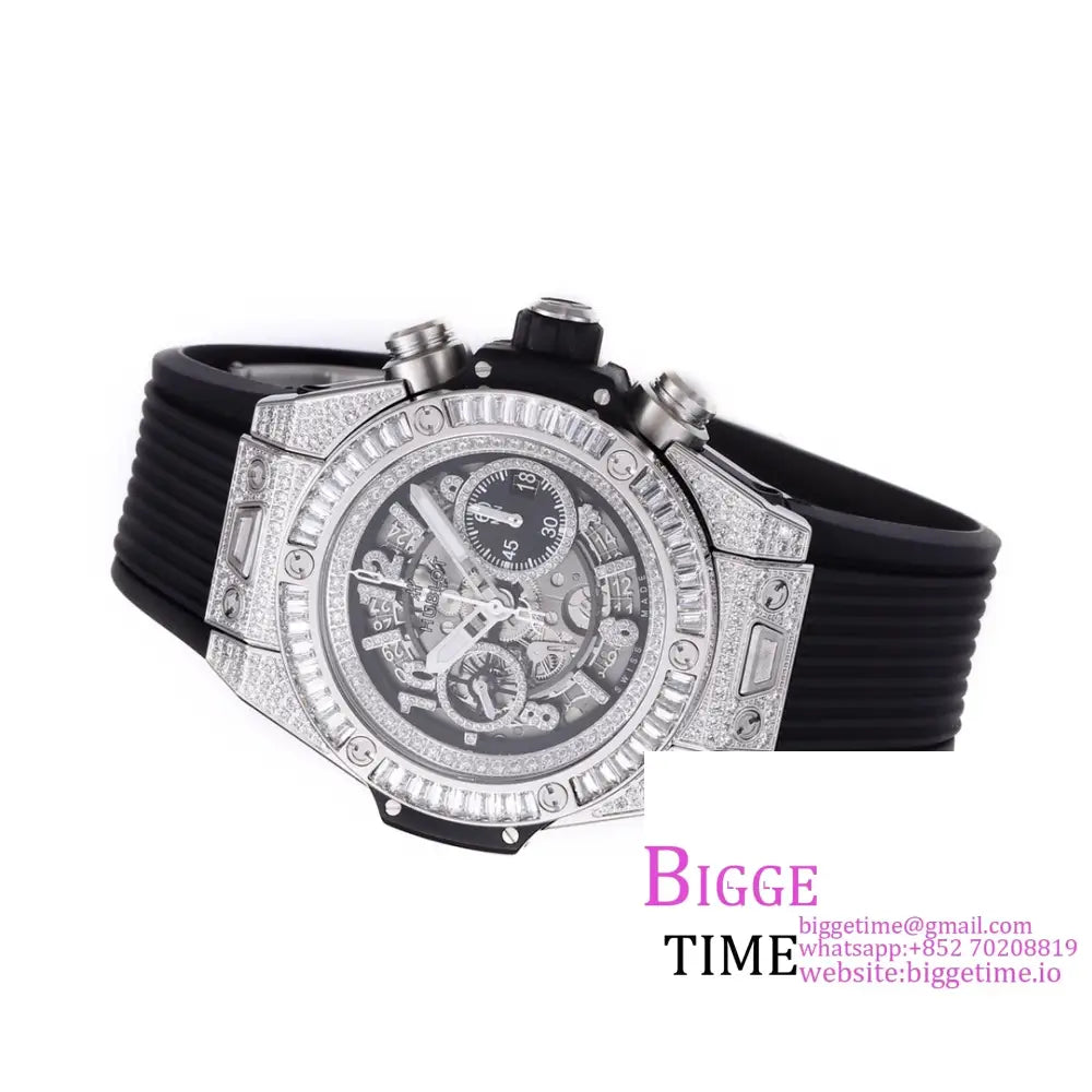 Big Bang Unico Chrono 42Mm All Diamond Bezel Skeleton Dial Marker Black Rubber Strap Bbf A1280