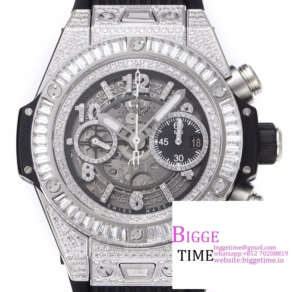 Big Bang Unico Chrono 42Mm All Diamond Bezel Skeleton Dial Marker Black Rubber Strap Bbf A1280