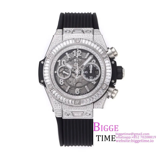 Big Bang Unico Chrono 42Mm All Diamond Bezel Skeleton Dial Marker Black Rubber Strap Bbf A1280