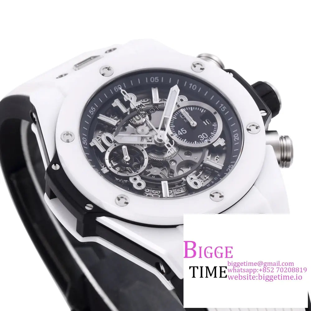 Big Bang Unico Chrono 42Mm Black Ceramic Bezel Skeleton Dial White Rubber Strap Bbf A1280 Hublot