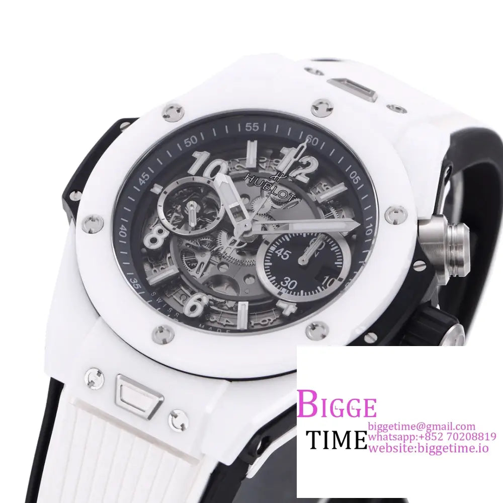 Big Bang Unico Chrono 42Mm Black Ceramic Bezel Skeleton Dial White Rubber Strap Bbf A1280 Hublot