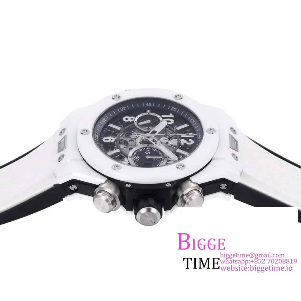 Big Bang Unico Chrono 42Mm Black Ceramic Bezel Skeleton Dial White Rubber Strap Bbf A1280 Hublot