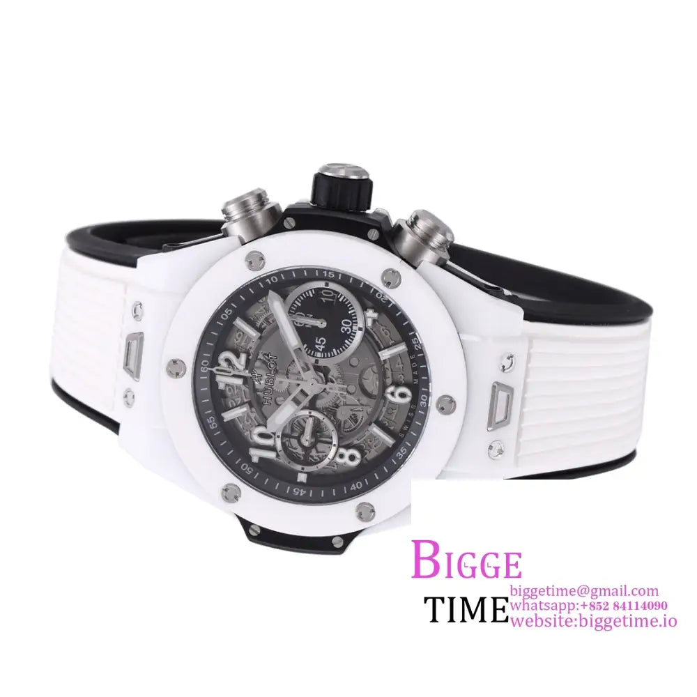 Big Bang Unico Chrono 42Mm Black Ceramic Bezel Skeleton Dial White Rubber Strap Bbf A1280 Hublot