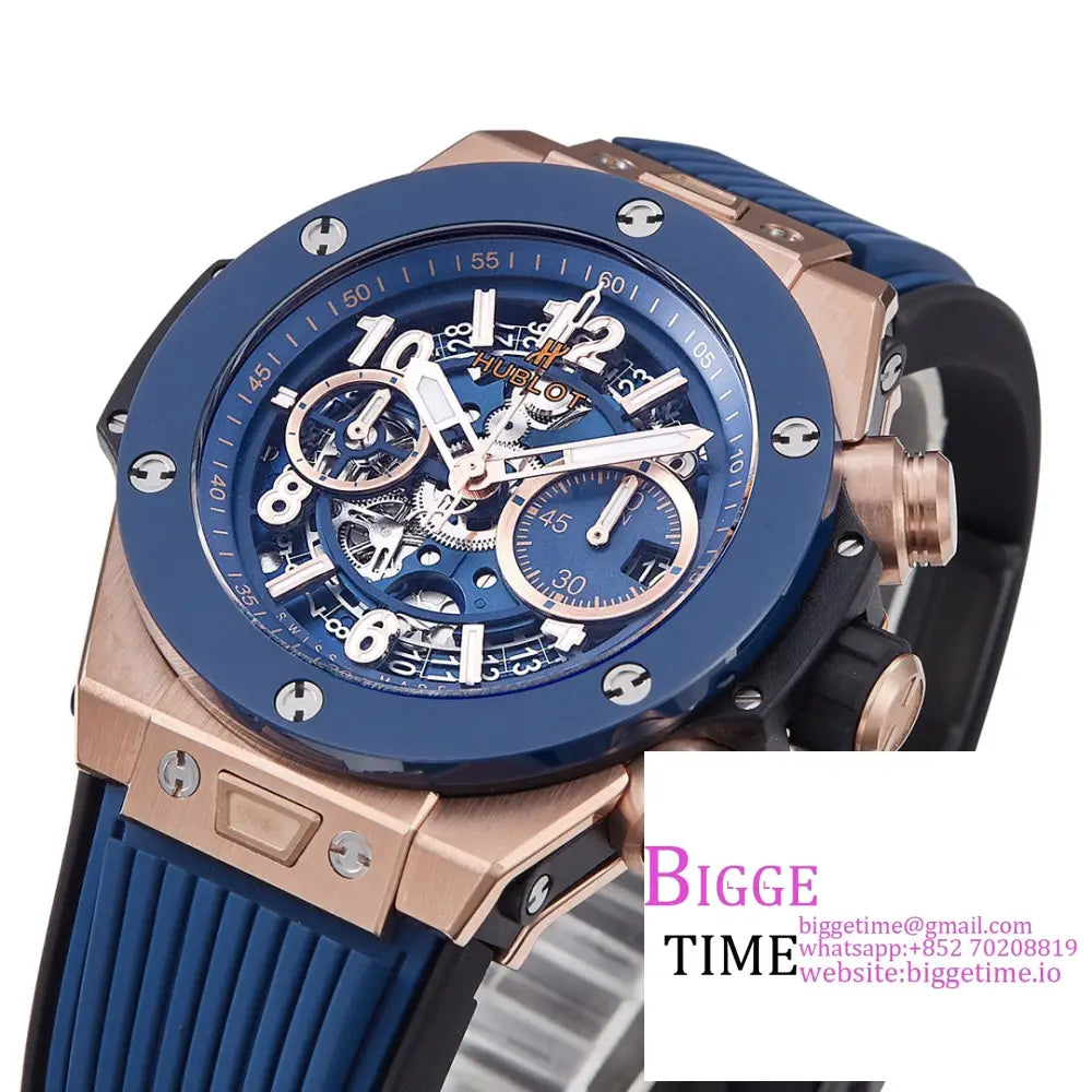 Big Bang Unico Chrono 42Mm Blue Ceramic Bezel Rg Skeleton Dial Rubber Strap Bbf A1280 Hublot