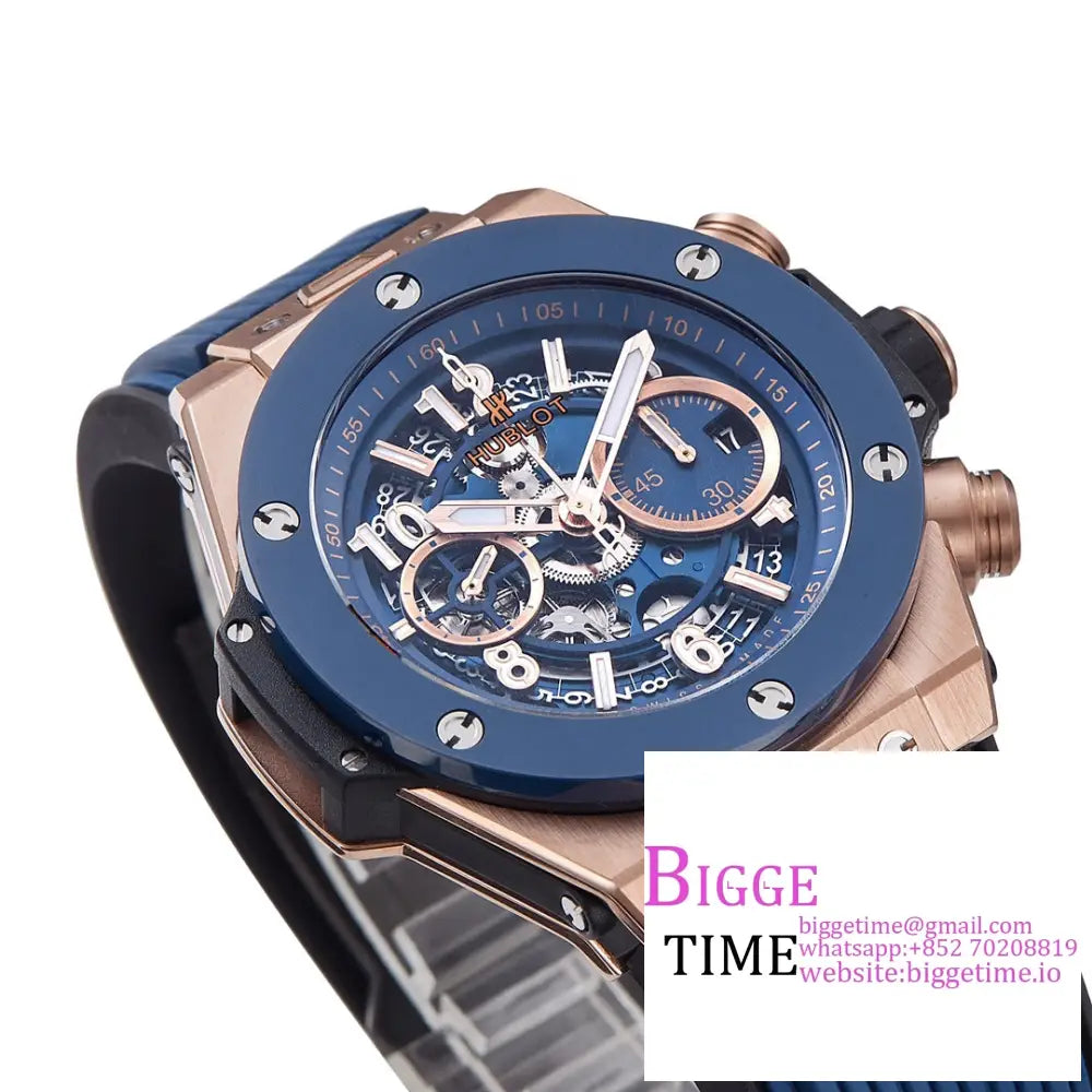 Big Bang Unico Chrono 42Mm Blue Ceramic Bezel Rg Skeleton Dial Rubber Strap Bbf A1280 Hublot