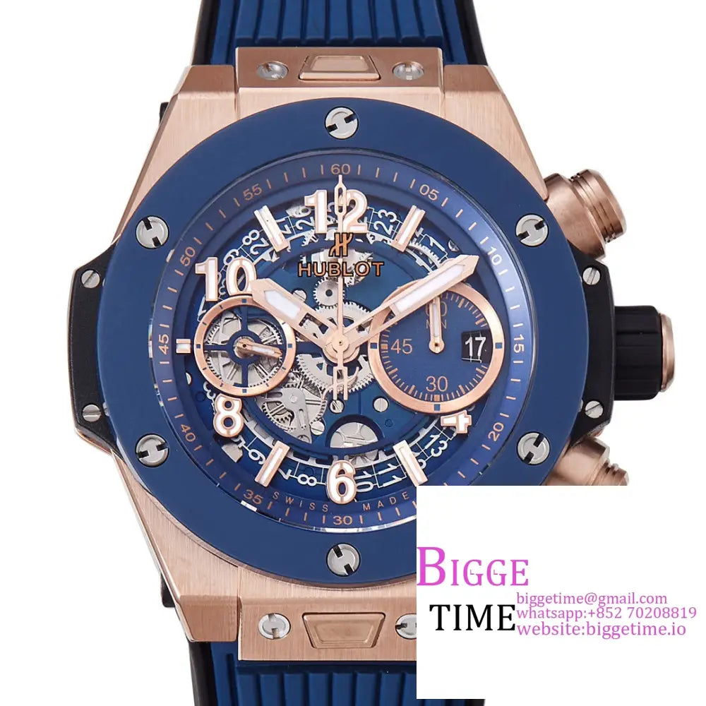 Big Bang Unico Chrono 42Mm Blue Ceramic Bezel Rg Skeleton Dial Rubber Strap Bbf A1280 Hublot