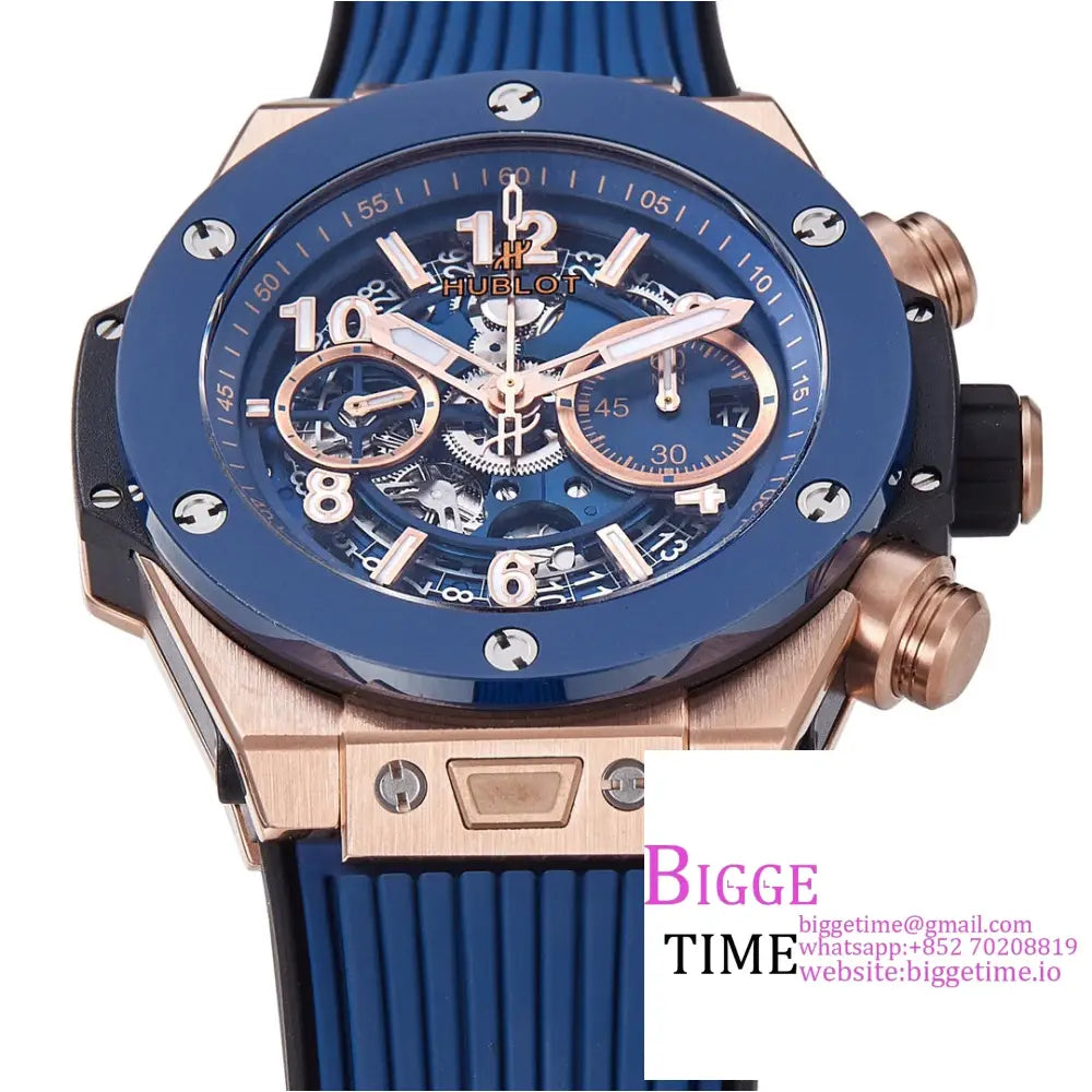 Big Bang Unico Chrono 42Mm Blue Ceramic Bezel Rg Skeleton Dial Rubber Strap Bbf A1280 Hublot