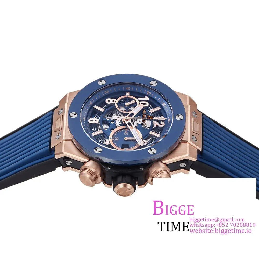 Big Bang Unico Chrono 42Mm Blue Ceramic Bezel Rg Skeleton Dial Rubber Strap Bbf A1280 Hublot