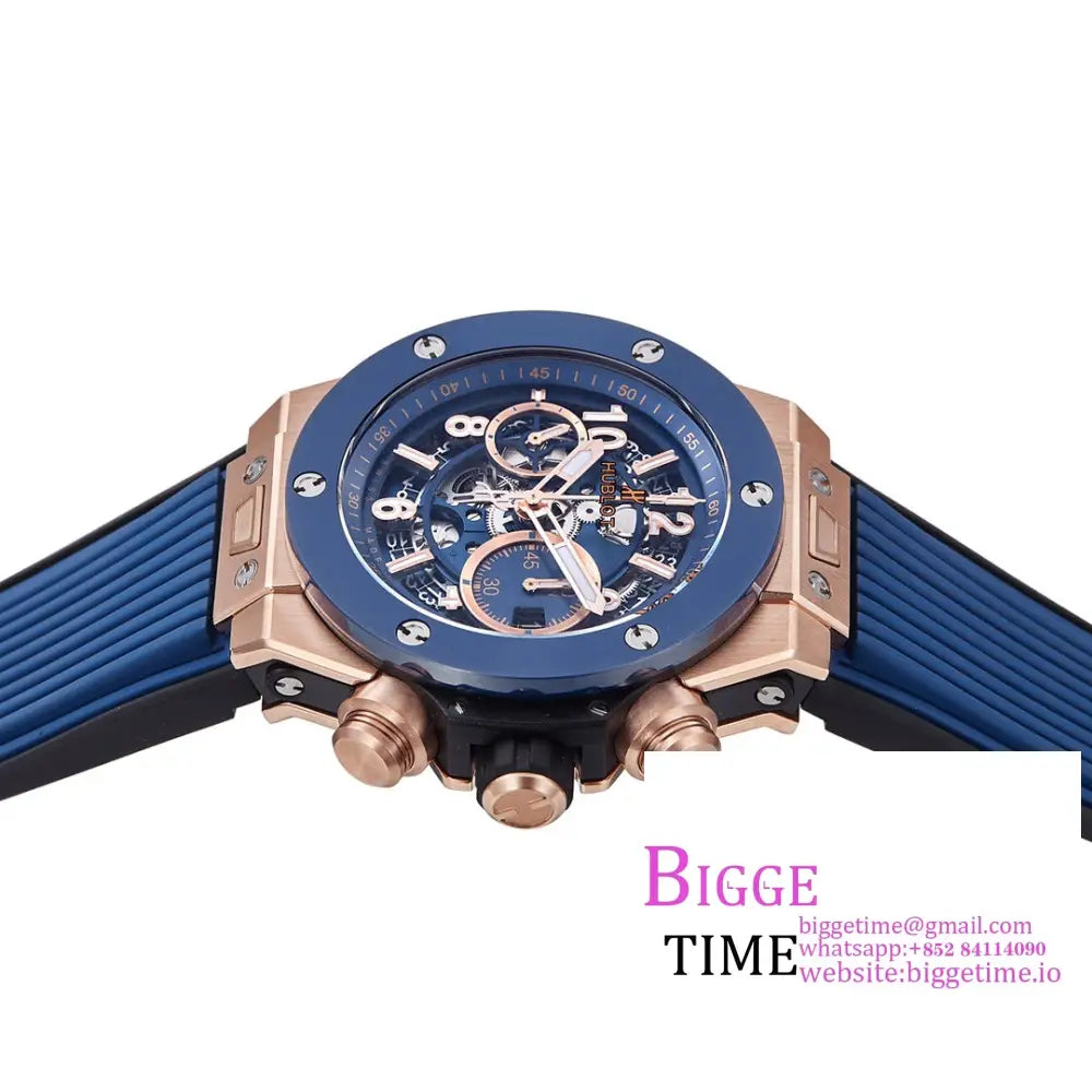 Big Bang Unico Chrono 42Mm Blue Ceramic Bezel Rg Skeleton Dial Rubber Strap Bbf A1280 Hublot