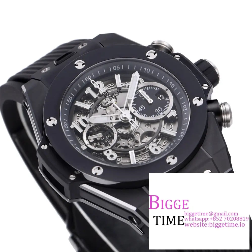 Big Bang Unico Chrono 42Mm Blue Ceramic Bezel Skeleton Dial Black Rubber Strap Bbf A1280 Hublot