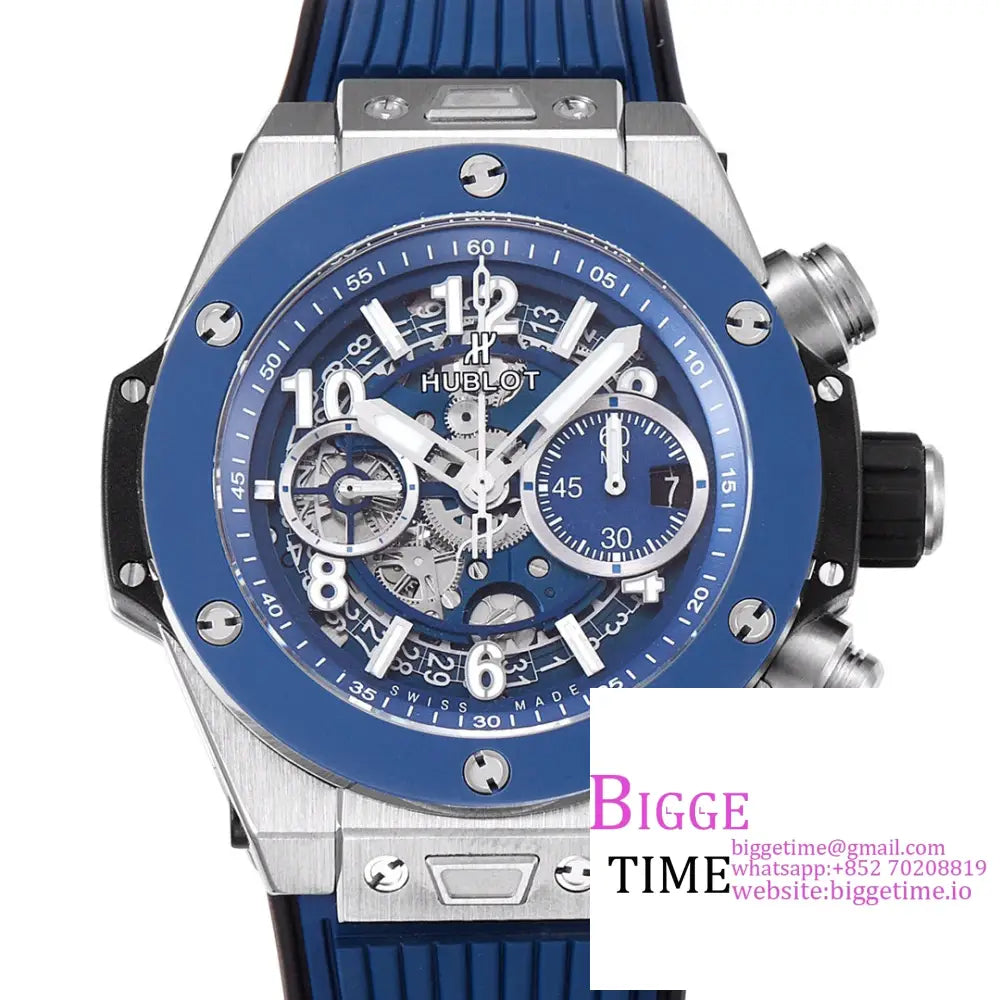 Big Bang Unico Chrono 42Mm Blue Ceramic Bezel Skeleton Dial Rubber Strap Bbf A1280 Hublot