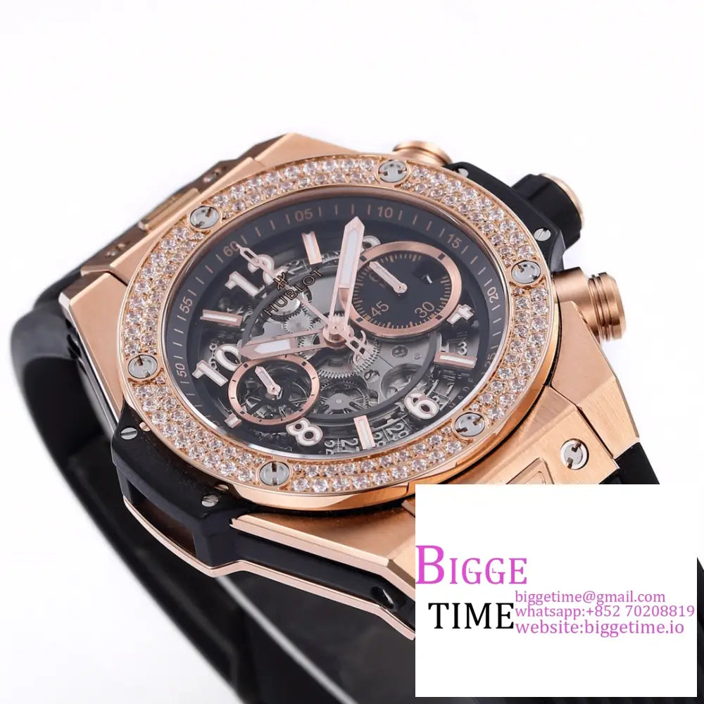 Big Bang Unico Chrono 42Mm Diamond Bezel Rg Skeleton Dial Black Rubber Strap Bbf A1280 Hublot