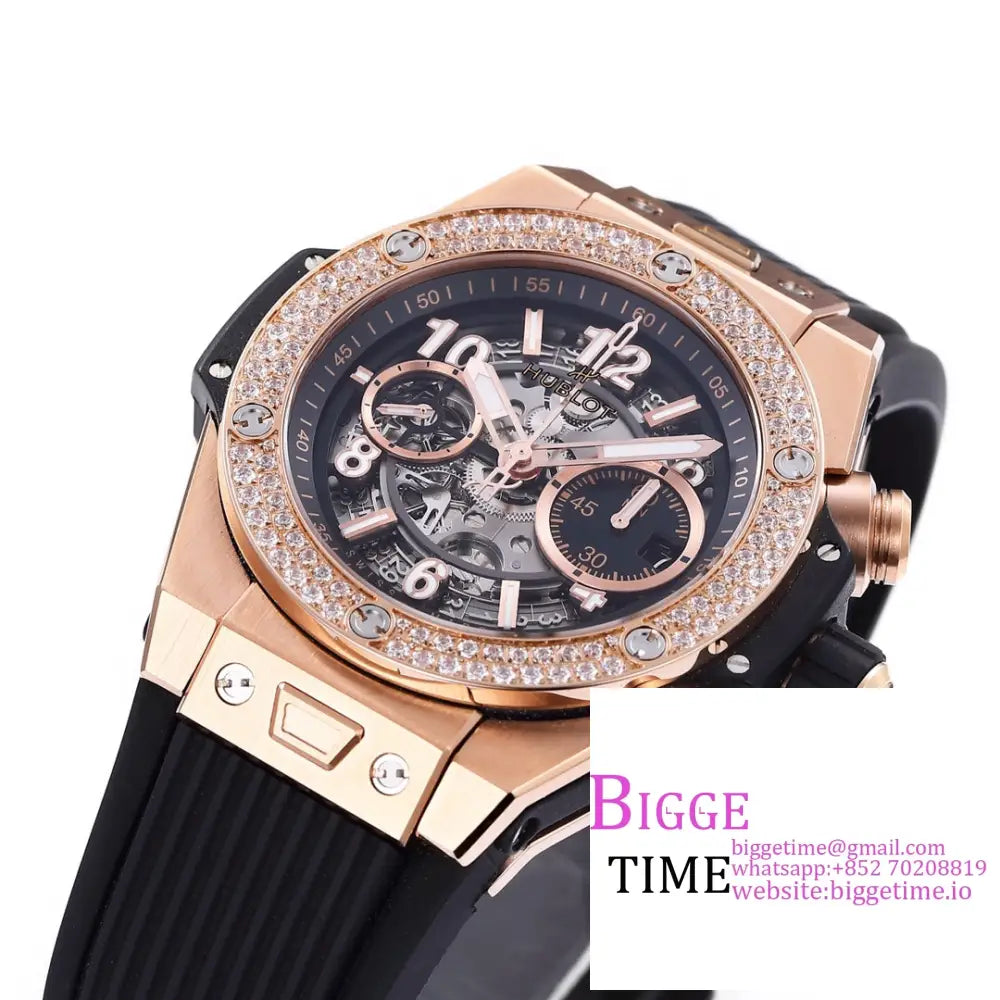 Big Bang Unico Chrono 42Mm Diamond Bezel Rg Skeleton Dial Black Rubber Strap Bbf A1280 Hublot