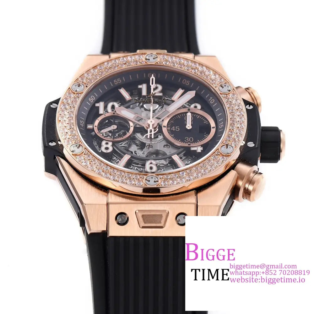 Big Bang Unico Chrono 42Mm Diamond Bezel Rg Skeleton Dial Black Rubber Strap Bbf A1280 Hublot