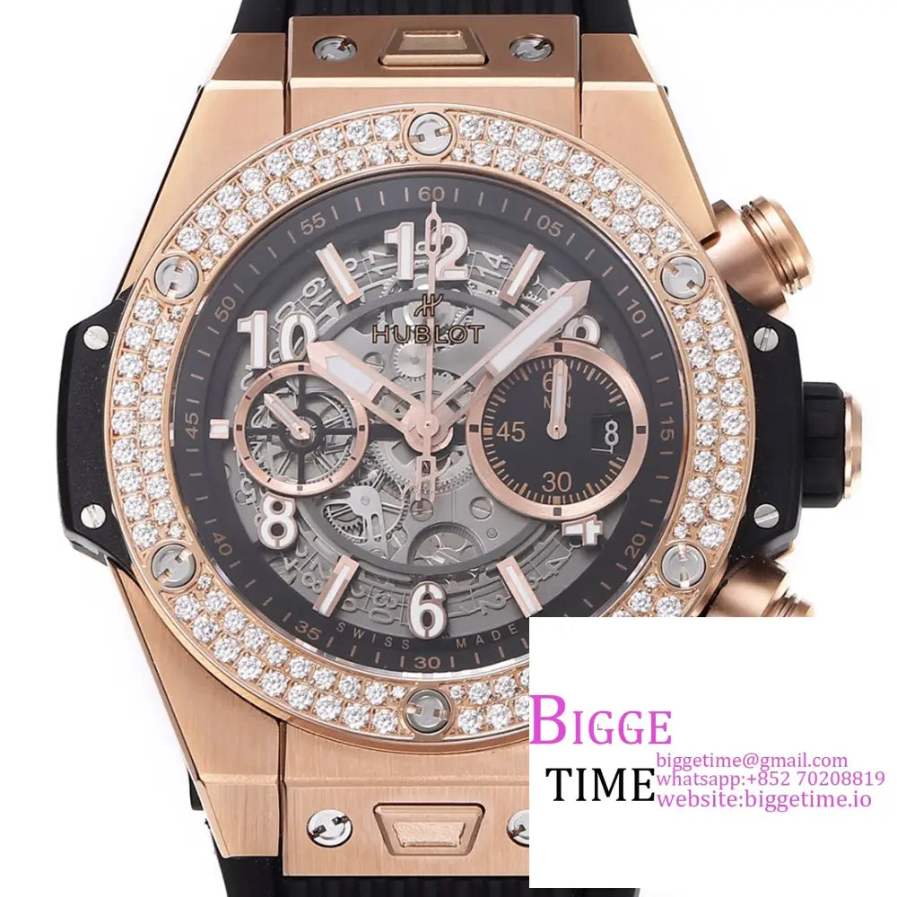 Big Bang Unico Chrono 42Mm Diamond Bezel Rg Skeleton Dial Black Rubber Strap Bbf A1280 Hublot