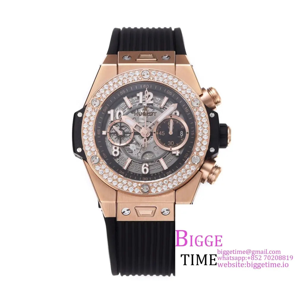 Big Bang Unico Chrono 42Mm Diamond Bezel Rg Skeleton Dial Black Rubber Strap Bbf A1280 Option1