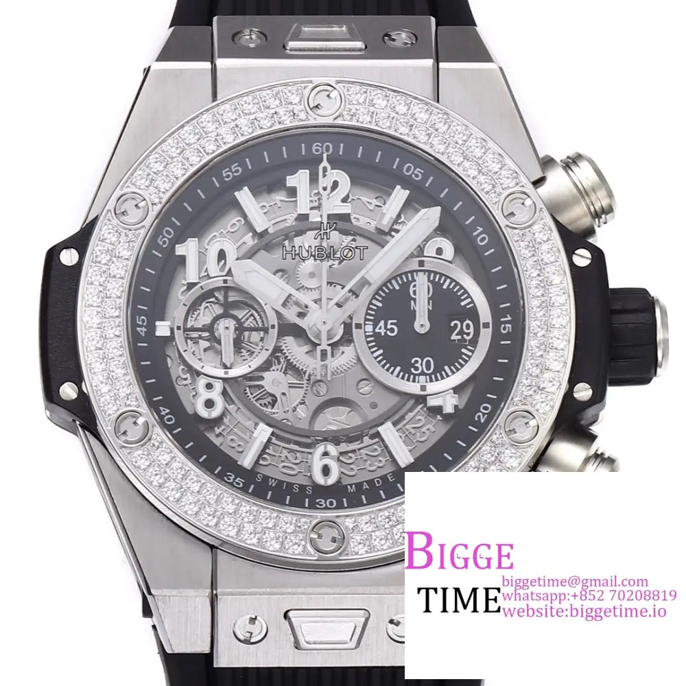 Big Bang Unico Chrono 42Mm Diamond Bezel Skeleton Dial Black Rubber Strap Bbf A1280 Hublot