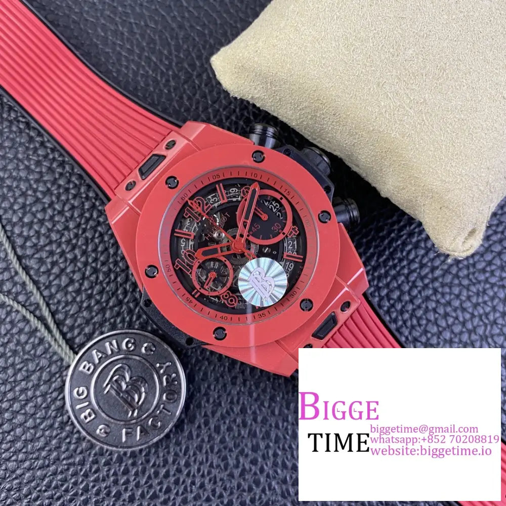 Big Bang Unico Chrono 42Mm Red Ceramic Bezel Skeleton Dial Rubber Strap Bbf A1280 Hublot