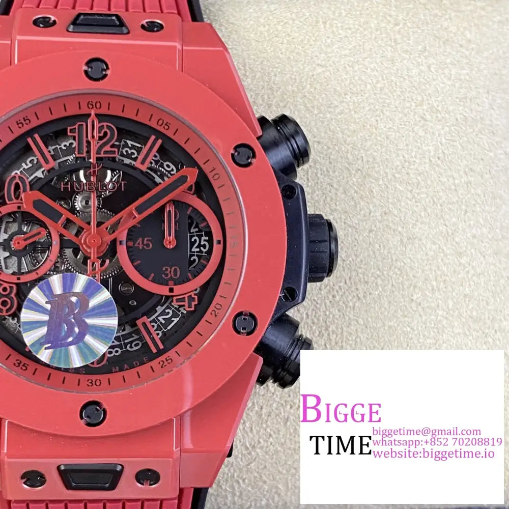 Big Bang Unico Chrono 42Mm Red Ceramic Bezel Skeleton Dial Rubber Strap Bbf A1280 Hublot