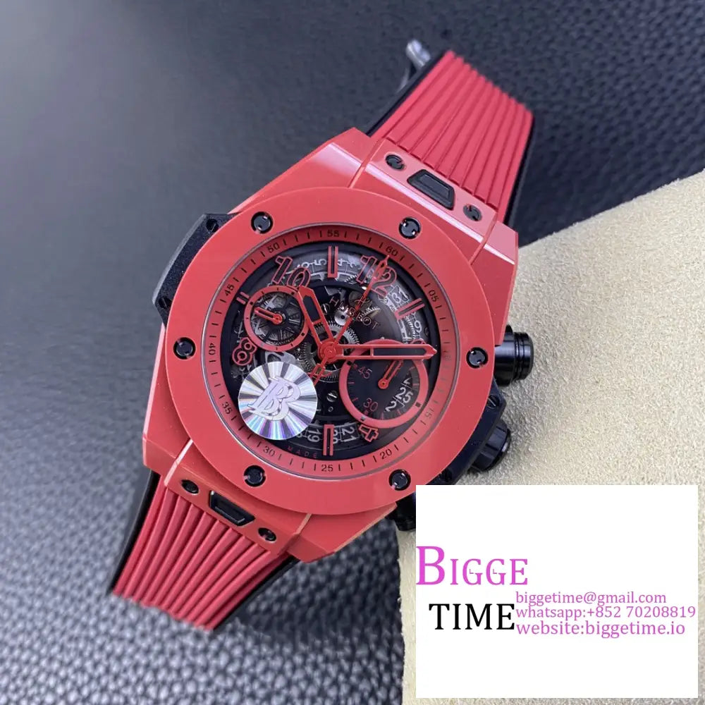 Big Bang Unico Chrono 42Mm Red Ceramic Bezel Skeleton Dial Rubber Strap Bbf A1280 Hublot