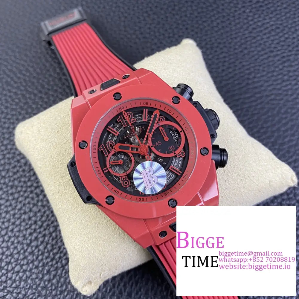 Big Bang Unico Chrono 42Mm Red Ceramic Bezel Skeleton Dial Rubber Strap Bbf A1280 Hublot