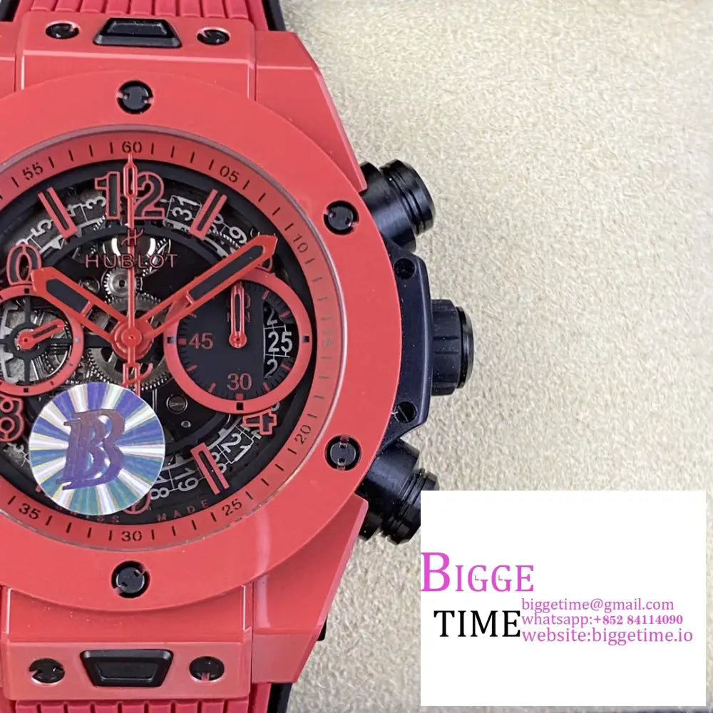 Big Bang Unico Chrono 42Mm Red Ceramic Bezel Skeleton Dial Rubber Strap Bbf A1280 Hublot