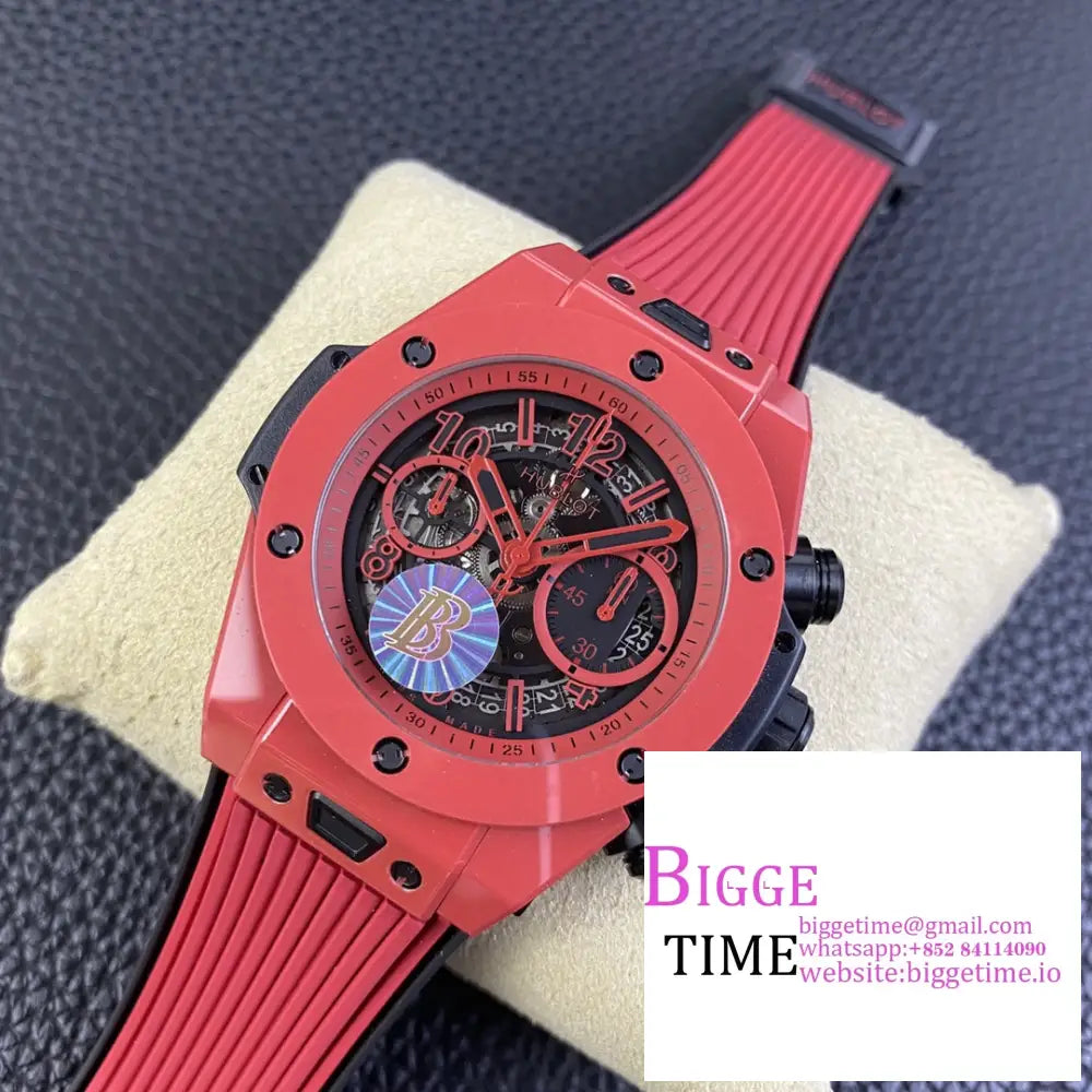 Big Bang Unico Chrono 42Mm Red Ceramic Bezel Skeleton Dial Rubber Strap Bbf A1280 Hublot