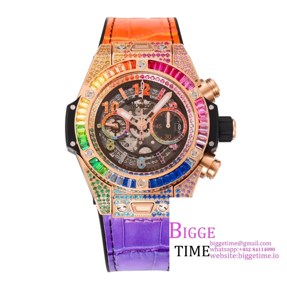 Big Bang Unico Chrono 42Mm All Diamond Bezel Rainbow Skeleton Dial Marker Rubber Strap Bbf A1280