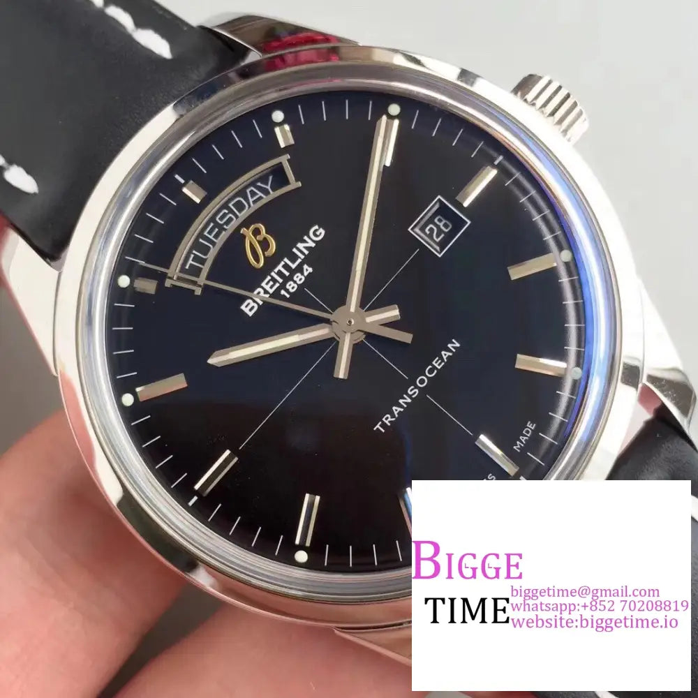 Breitling 43Mm Transocean Day & Date Black Dial Leather Strap V7F A45Sc