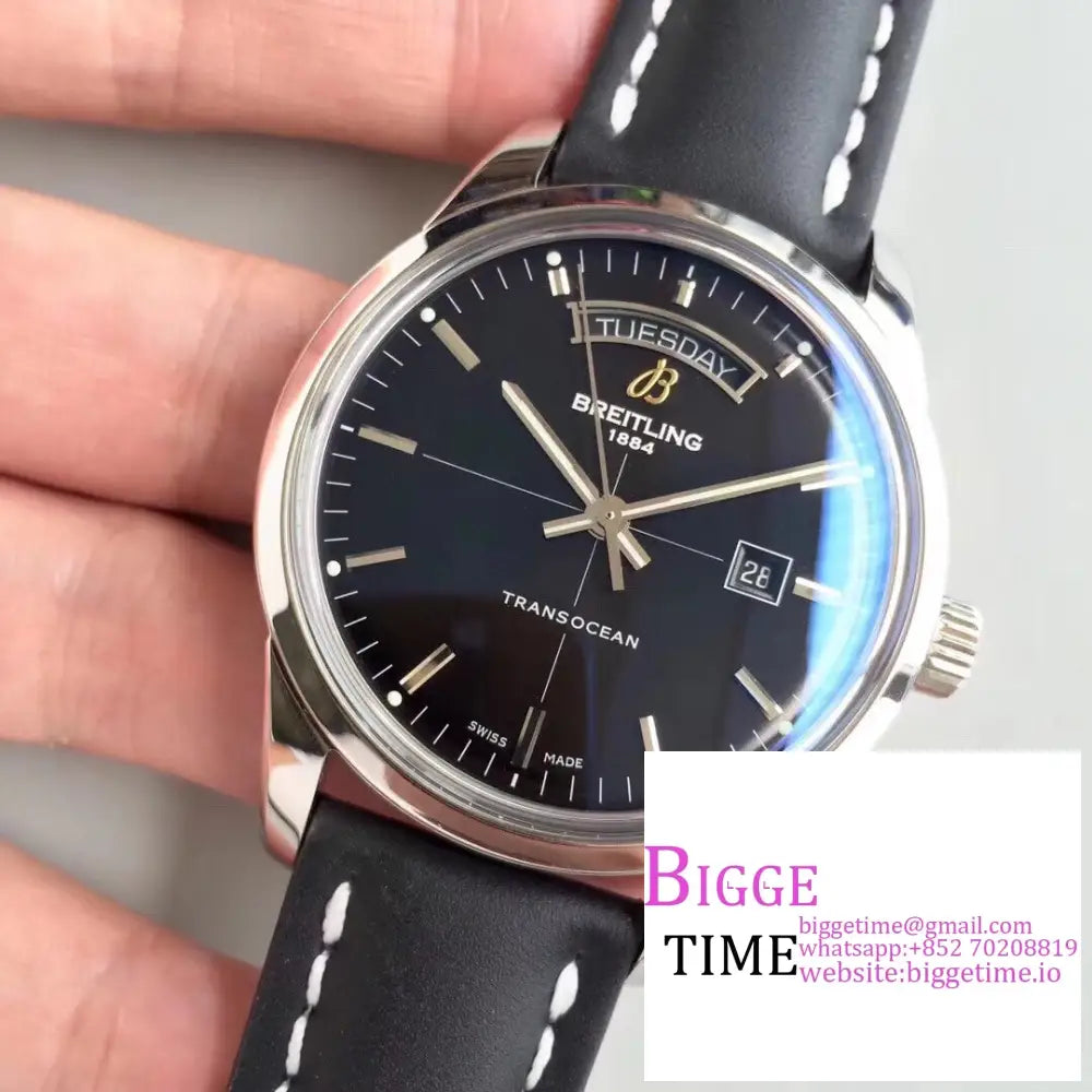 Breitling 43Mm Transocean Day & Date Black Dial Leather Strap V7F A45Sc