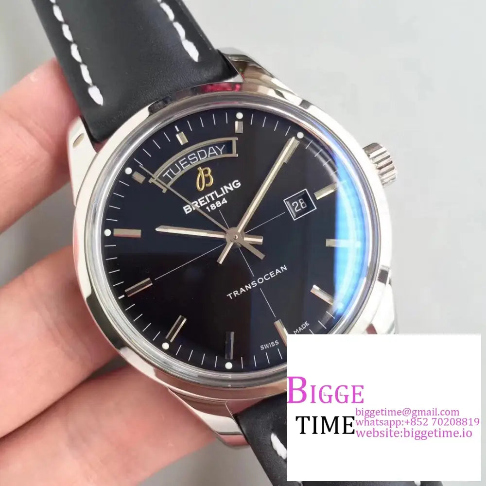 Breitling 43Mm Transocean Day & Date Black Dial Leather Strap V7F A45Sc