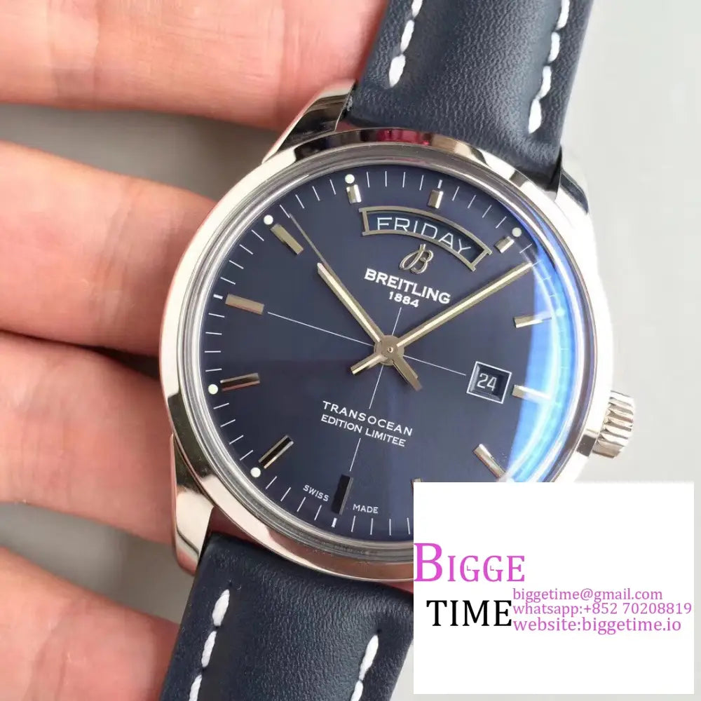 Breitling 43Mm Transocean Day & Date Blue Dial Leather Strap V7F A45Sc