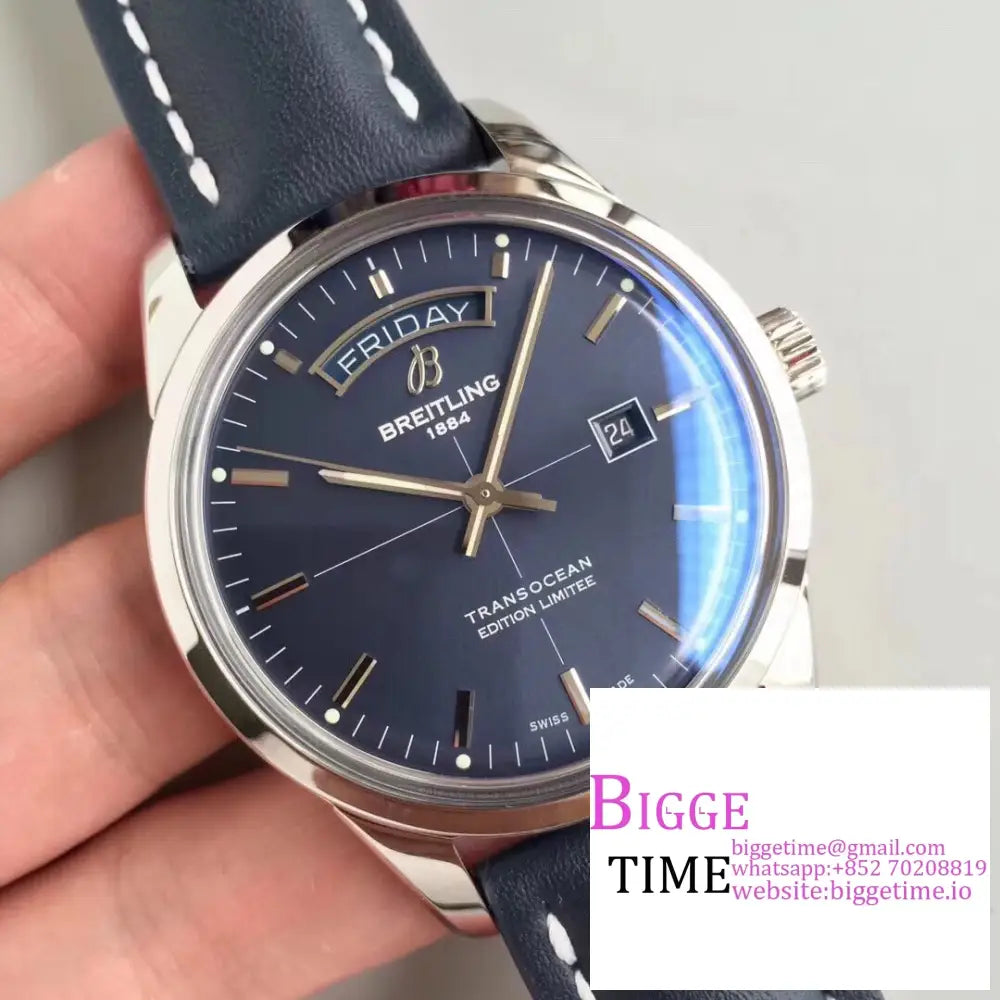 Breitling 43Mm Transocean Day & Date Blue Dial Leather Strap V7F A45Sc