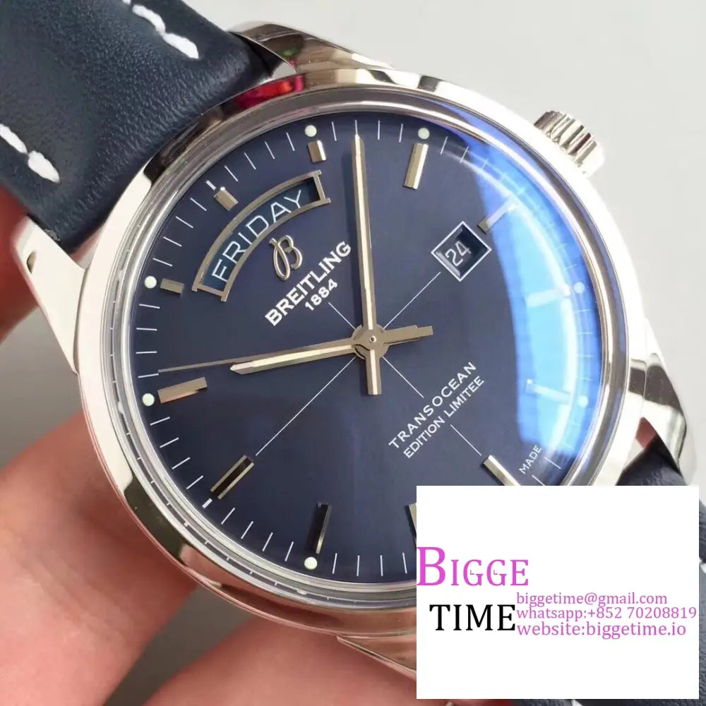 Breitling 43Mm Transocean Day & Date Blue Dial Leather Strap V7F A45Sc