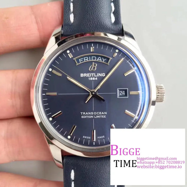 Breitling 43Mm Transocean Day & Date Blue Dial Leather Strap V7F A45Sc Option1