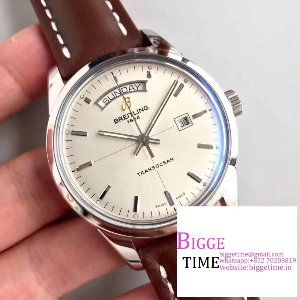 Breitling 43Mm Transocean Day & Date White Dial Brown Leather Strap V7F A45Sc