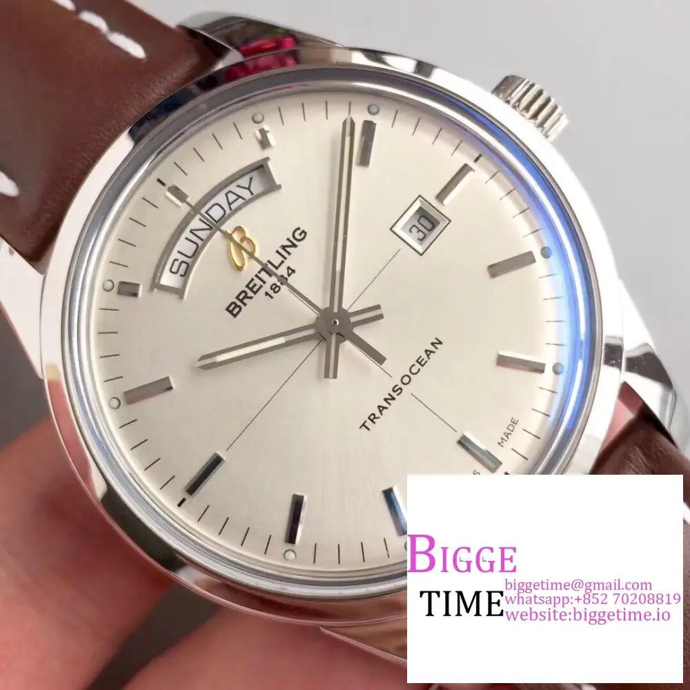 Breitling 43Mm Transocean Day & Date White Dial Brown Leather Strap V7F A45Sc