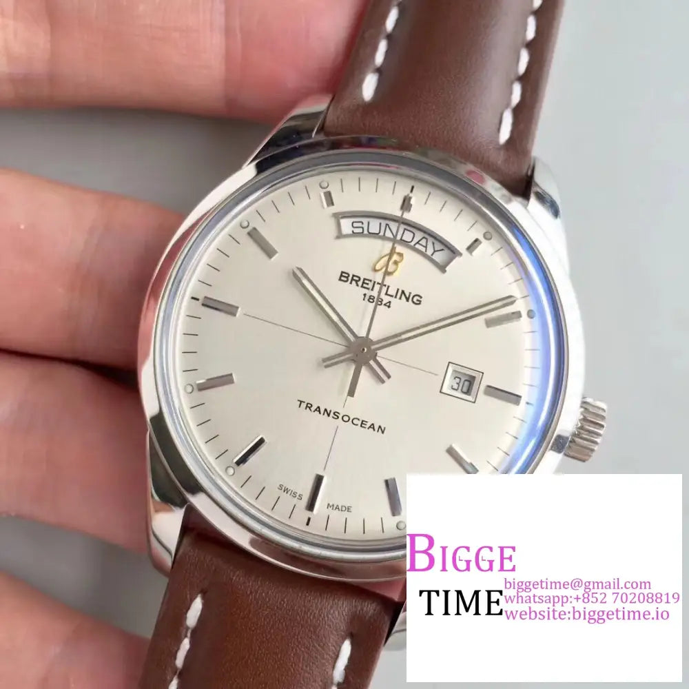 Breitling 43Mm Transocean Day & Date White Dial Brown Leather Strap V7F A45Sc